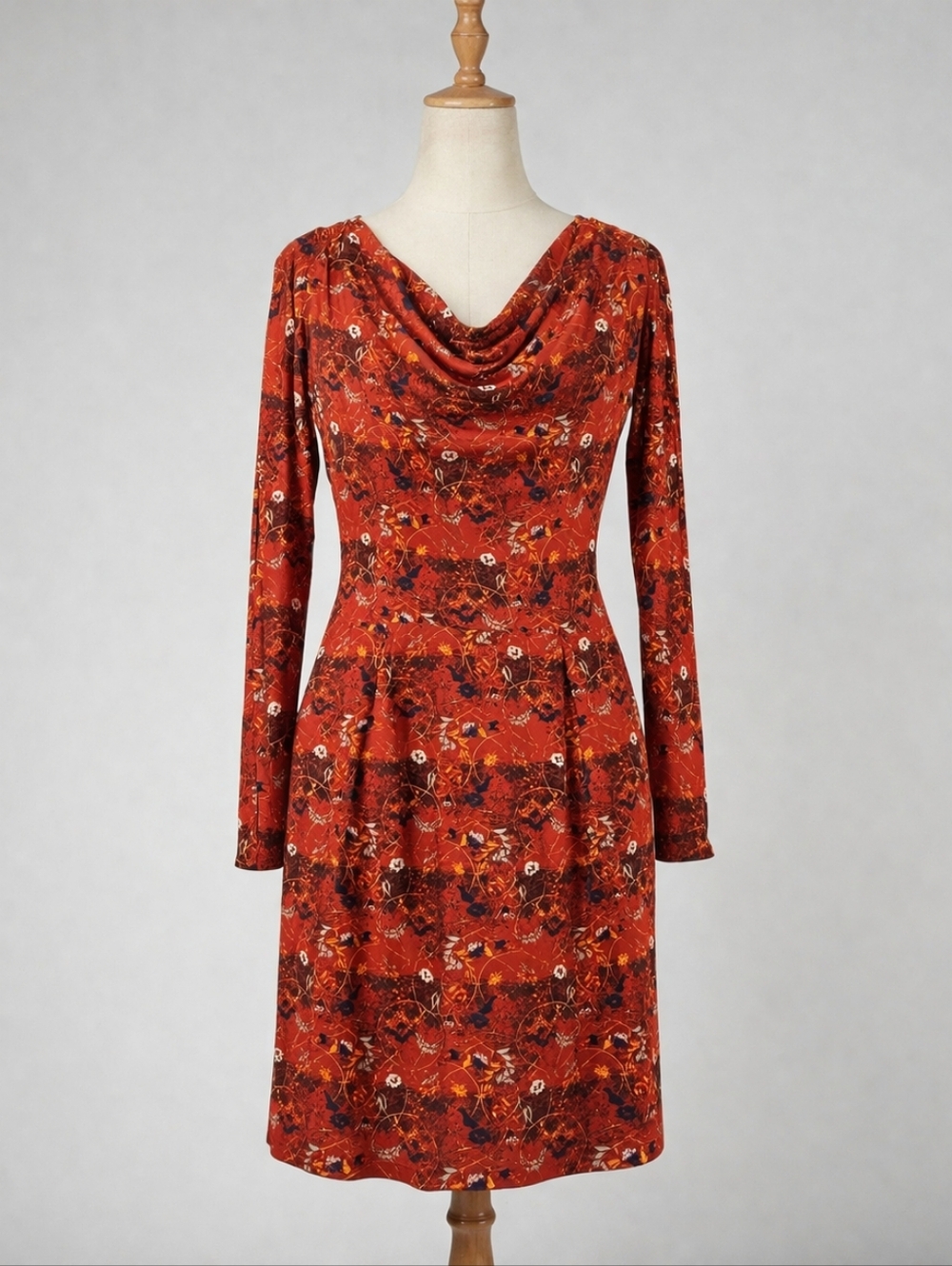 Peruvian Connection Rust Floral Knit Dress Size Medium Drape Neckline Fitted NEW